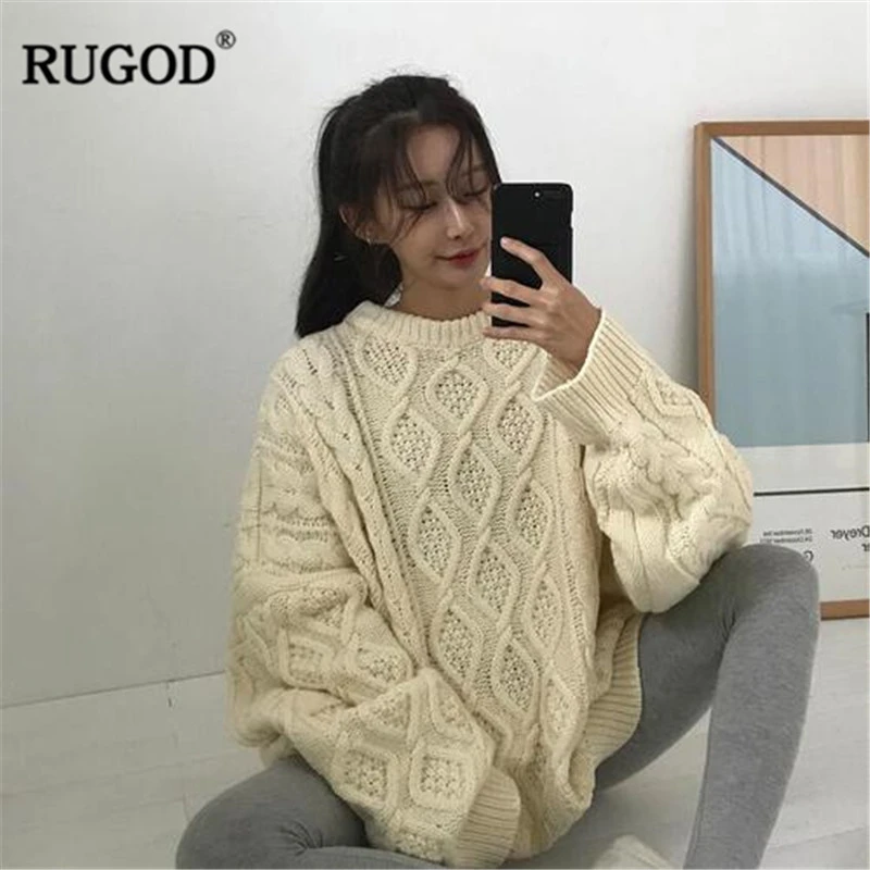 RUGOD, новинка, теплый вязаный свитер для женщин, Одноцветный, свободный, скрученный, длинный рукав, пуловер, джемпер размера плюс, уличная одежда, Pull Femme Hiver