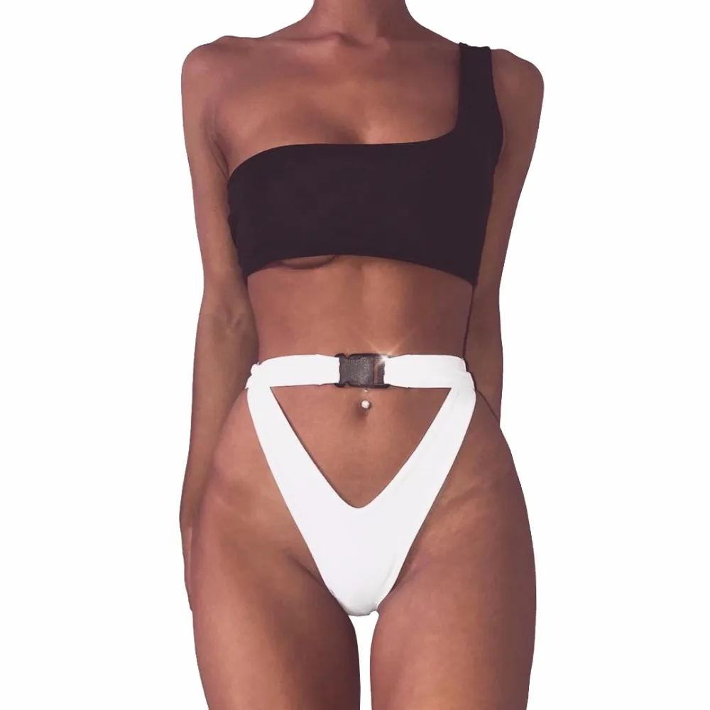 

Sexy One Shoulder Low Cut Swimsuit Thong Brazilian Bikini Set Buckle Maillot De Bain Hollow Out Bikinis Swim Suit Women Swimwear