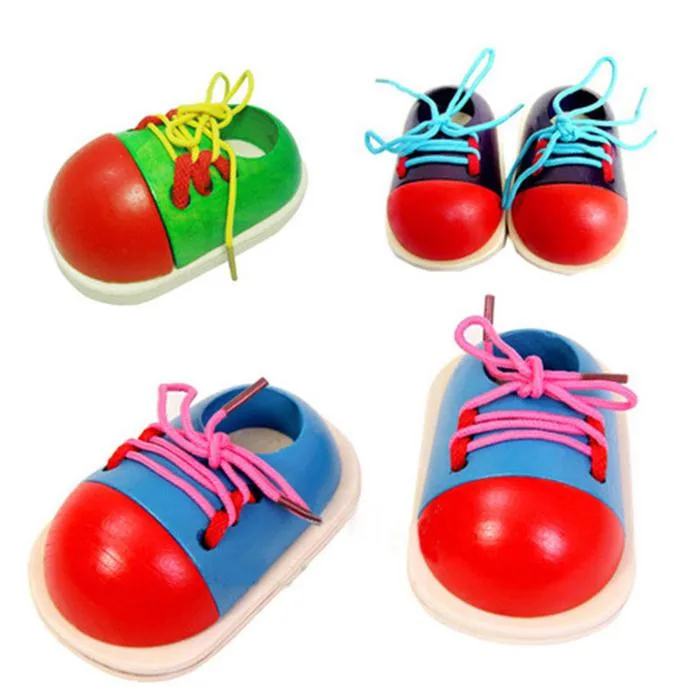 Wood Lacing Sneaker Learn How to Tie Shoelaces Shoes Lacing Hand Coordination Development Preschool Educational Toy 1pc