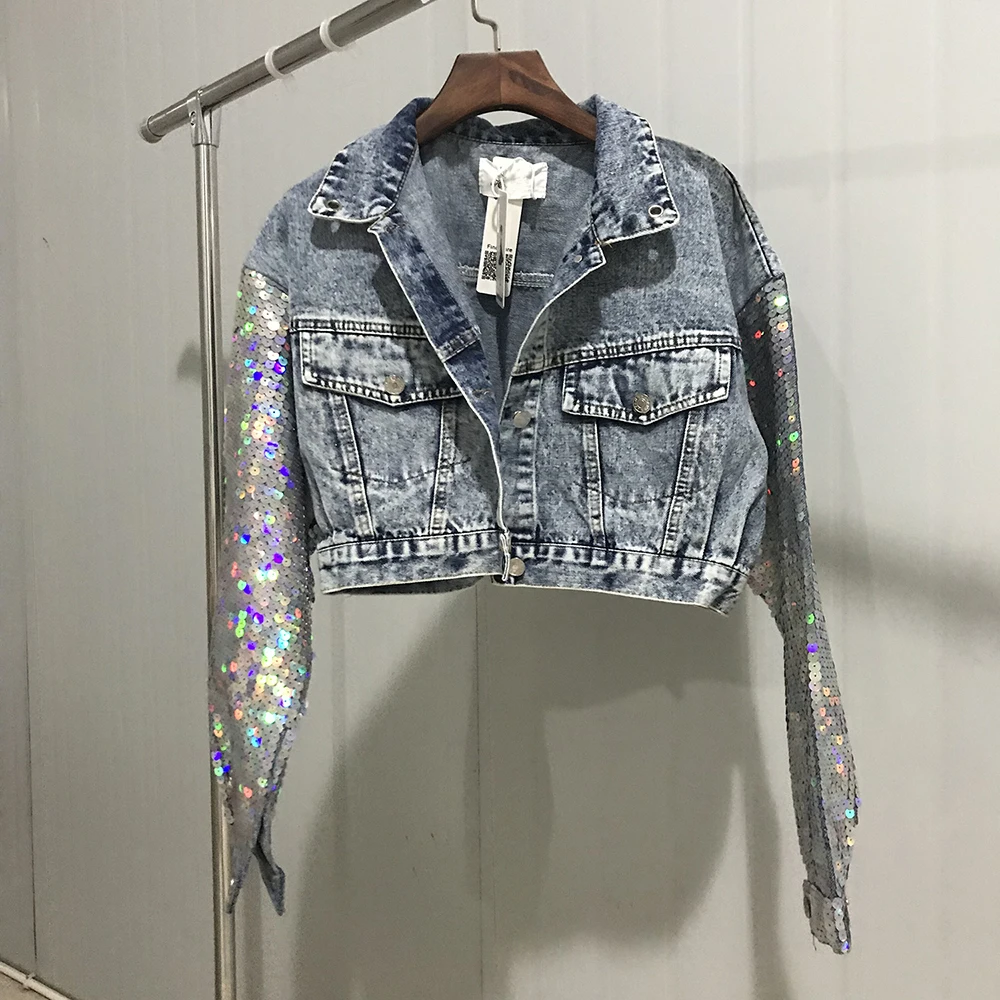 discounted  2019 Fashion Design Punk Style Women Spring Jacket Coat Sequins Sleeve Women Denim Long Jacket Coat
