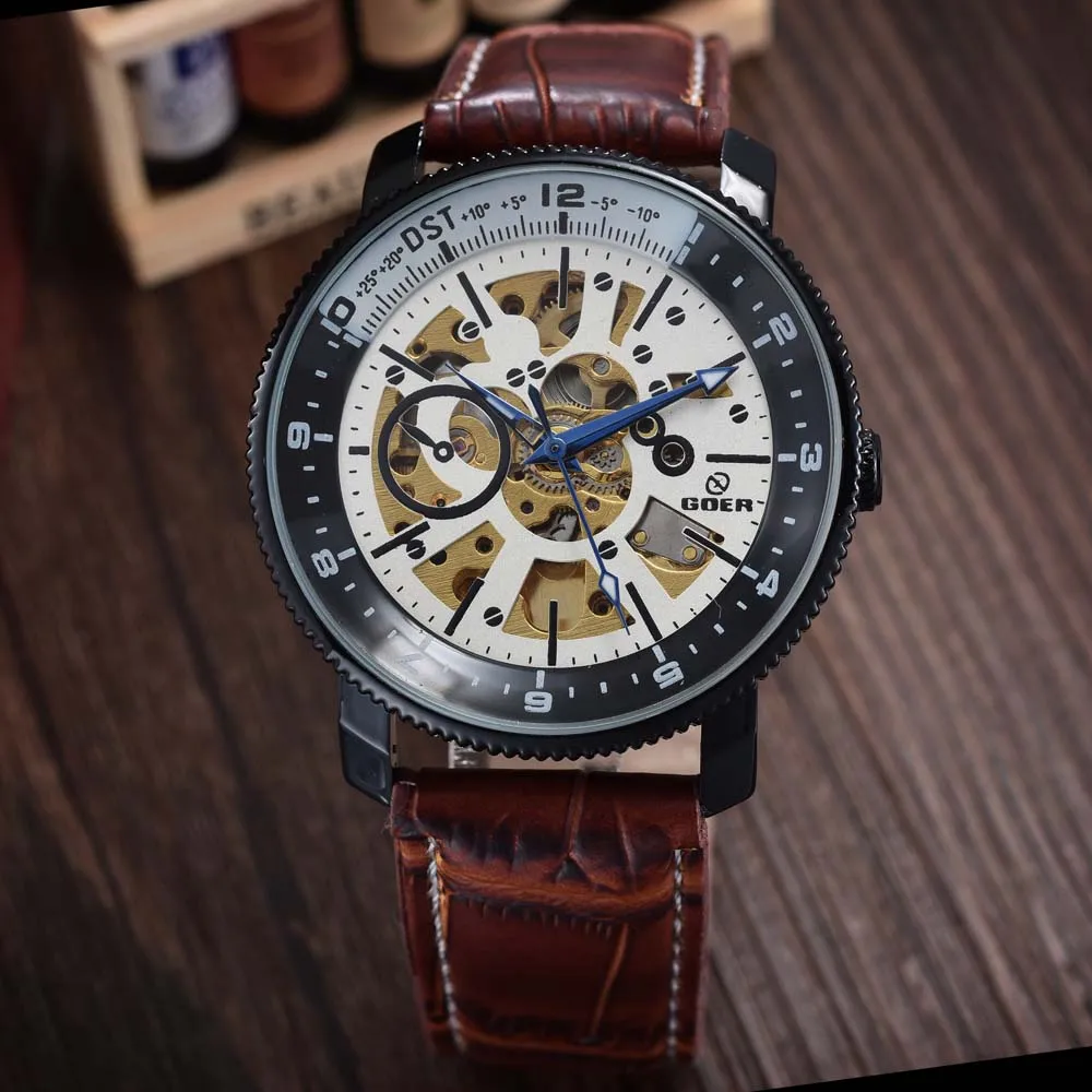 

Luxury Brand Watches PU Leather Automatic Mechanical Skeleton Watches Men Fashion Gear Watches relogio masculino Winner GOER