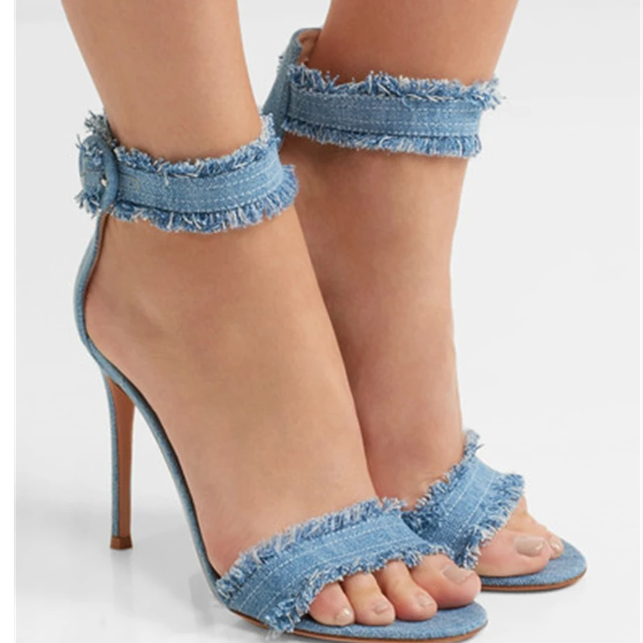 

ZK new fashion summer women's sandals high heel Denim sandals with Fringe size 34--46