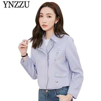 

YNZZU New Chic 2019 purple short women leather jacket Long sleeve Suede Leather Bomber Jacket Autumn Zip female PU Coat YO820