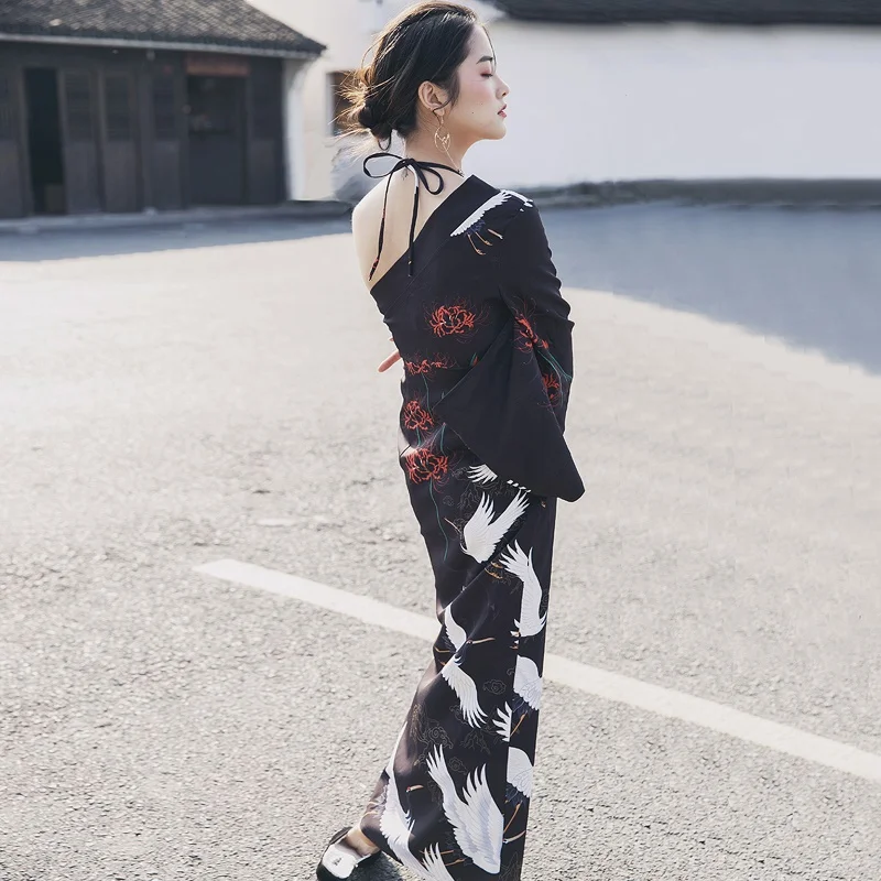 Женский Асимметричный костюм Geisha Obi Yukata винтажное платье Kimonos с красным краном