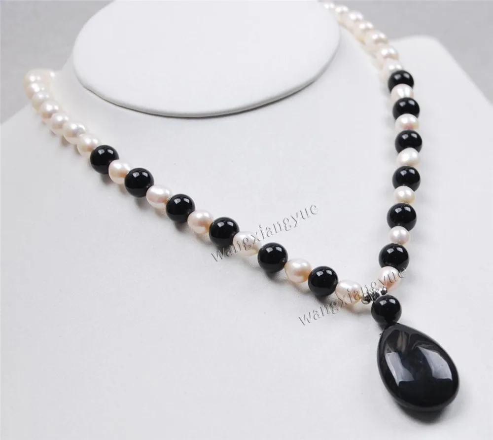 

7-8mm Natural White Akoya Pearl/Black Rich Agate Pendant(20X30MM) Necklace 18