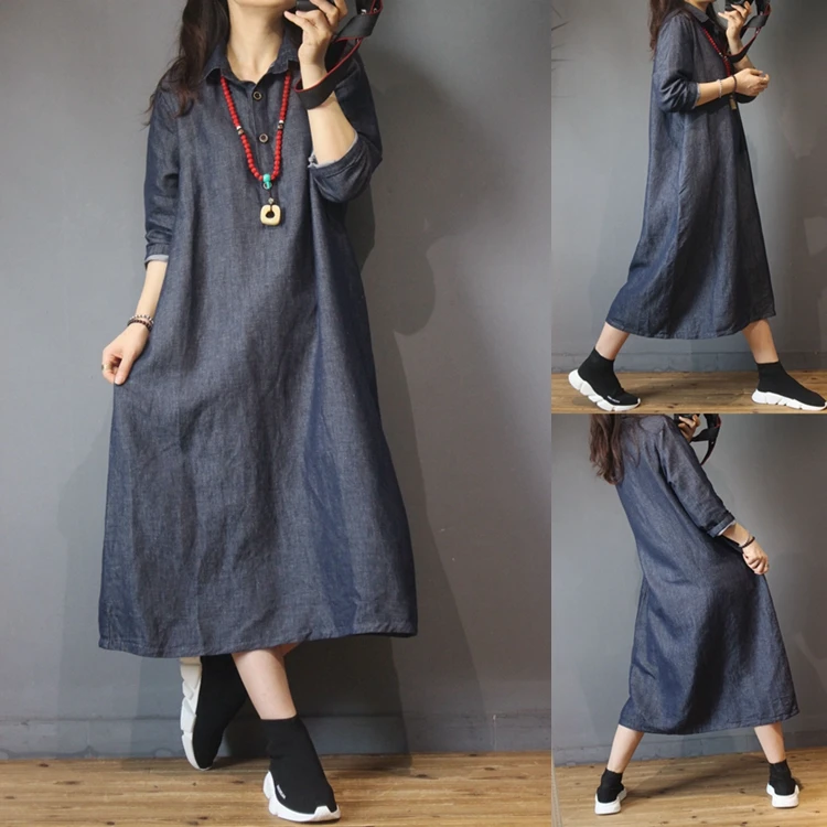

Spring Autumn Women Casual All-match Loose Plus Size Vintage Cotton Linen Dresses