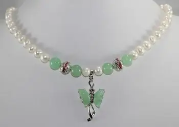 

Wholesales -Jewelry Noblest white pearl &jades green butterfly pendant necklace free shipping