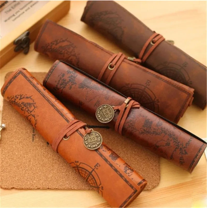 

Vintage Creative Roll Up Pencil Case Cute Leather Pirate Stationery Store Pen Bag Pouch School Holder Pencilcase Kawai Purse Bts