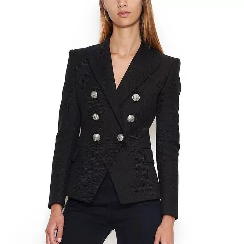 High Quality 2019 Designer Solid Blazer Women's Lion Button Double Breasted Black White Office Lady Blazers Jacket Outwear Coat