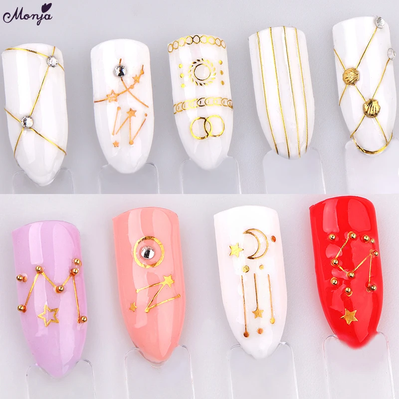 

Monja Nail Art Sticker Gold Star Moon Line Metal Self-adhesive Stickers 3D DIY Image Transfer Decals Tips Manicure Decorations