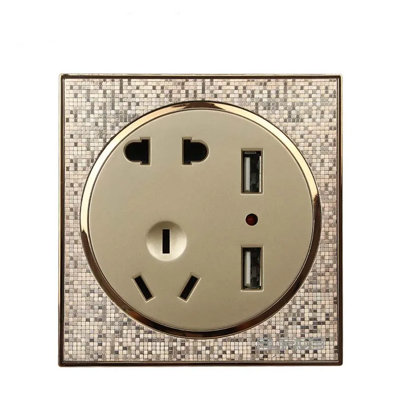 

86 Type Champagne Gold Wall Switch Socket Panel Five Holes + USB Socket Dual USB Socket PC220V 10A