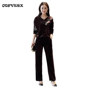 

High quality 2020 gold velvet V-neck sportswear suit female spring new large size casual embroidery two-piece women's clothing