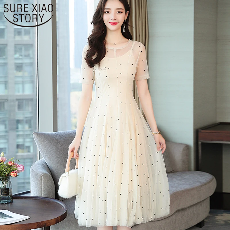 

2019 Medium and Long High Waist Women Top and Dress Summer Fashion Mesh Polka Dot Dress Sweet Dress ladies clothing 3525 50