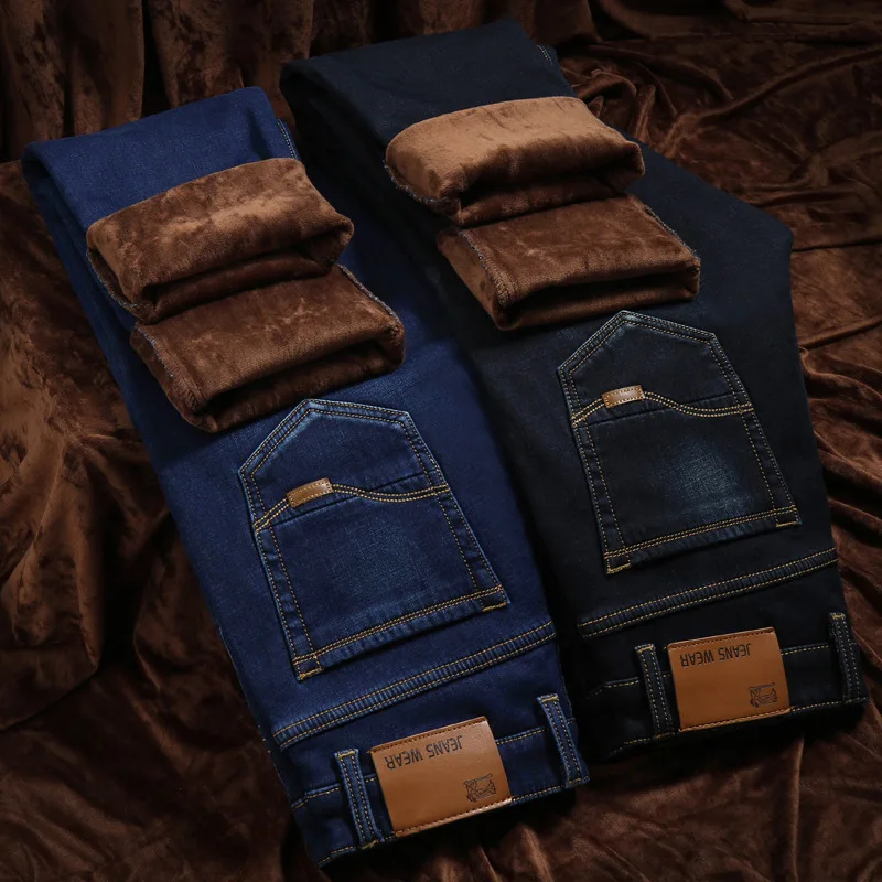 Icpants теплые толстые зимние мужские джинсы из денима обтягивающие классические винтажные черные синие зимние мужские джинсовые