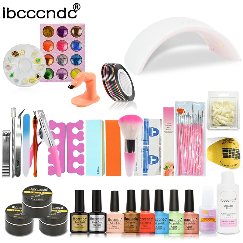 

Ibcccndc Nail Art Manicure Tools Set 24W Led Lamp + 6 Color 10ml UV Gel Polish Base Top Coat Varnish French Tip Remover Practice