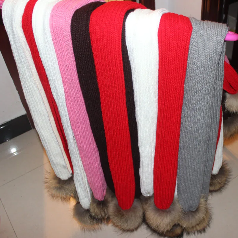 150*16cm crochet Children Scarf wool Knitted Winter Fur Scarves With Detachable Real Raccoon Fur Pom Poms neckwarmer scarf