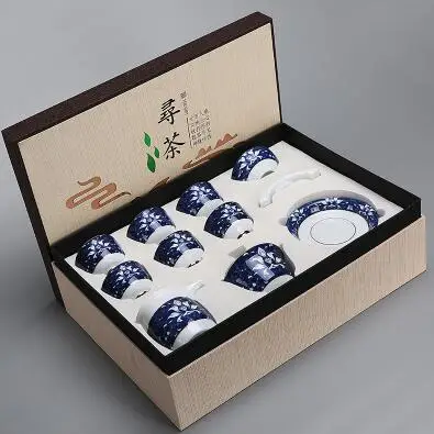 Синий и белый фарфоровый чайный набор кунг-фу посуда для напитков: чайная чашка для заварки чайной церемонии gaiwan и поднос для чашки - Цвет: 10 pcs set ruyi