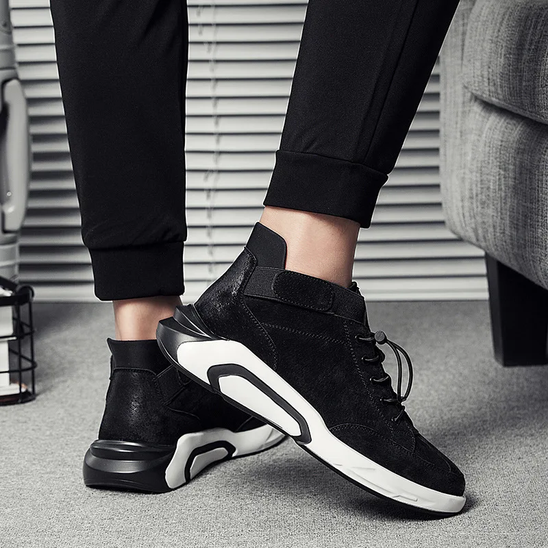 JINBEILEE Fashion Leather Men's Casual Breathable Sports Skateboard Shoes Trend Wild High-top Thick Men's Shoes Hard-Wearing