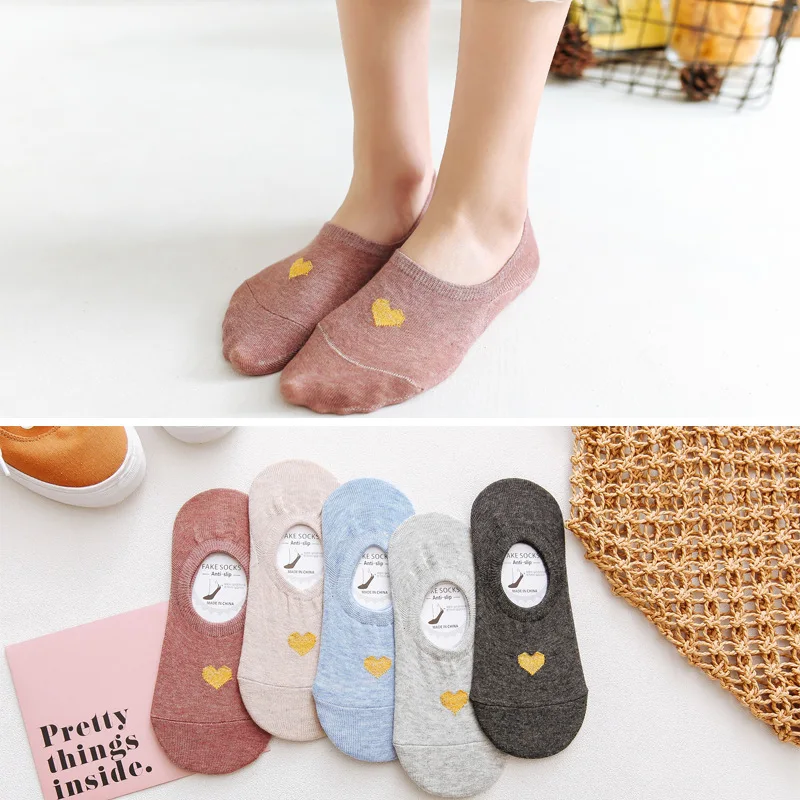 

2019 Summer Cotton Women Socks Short Gold Heart 5 Colors Invisible Female Silicone Non-slip Boat Sock 35-40