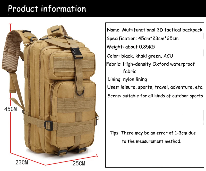  3P Outdoor Military Tactical Backpack 30L Molle Bag Army Sport Travel Rucksack Camping Hiking Trekking Camouflage Bag (10)