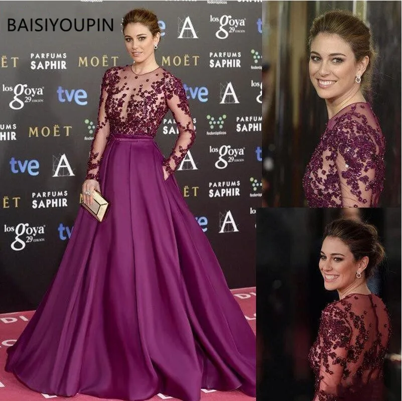 

Elegant Grape Zuhair Murad Celebrity Evening Dresses Sheer Long Sleeves Lace Beaded Long Custom Made 2019 Prom Special Occasion
