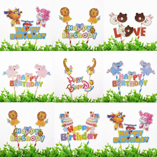 20pc/lot Cake Toppers Flags Kids Baby Happy Birthday Rabbit Lion Zoo Cupcake Topper Wedding Bride Baby Shower Party Baking DIY