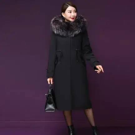 Новая мода, зимняя женская куртка на 90% белом утином пуху, утепленное длинное пуховое пальто, большая парка с капюшоном из натурального меха енота - Цвет: Черный