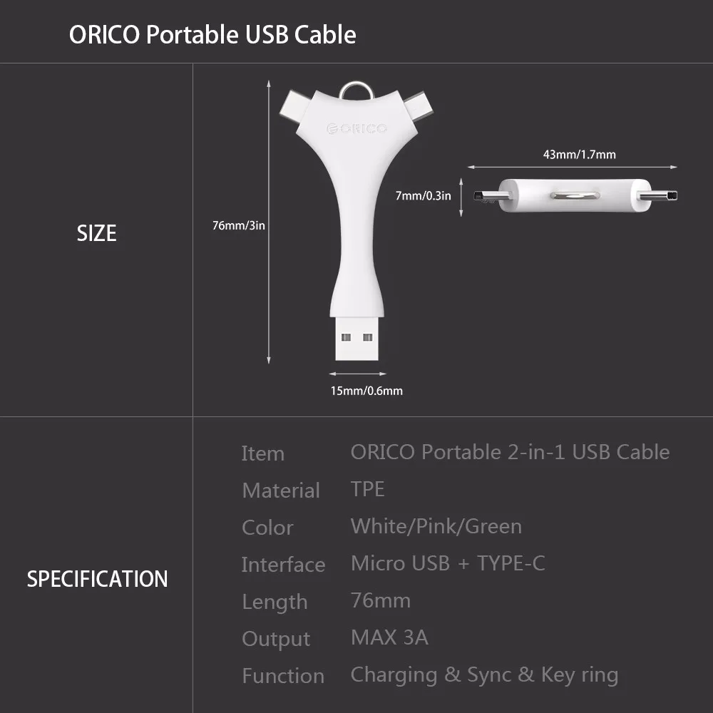 ORICO 2 порта СВЕТОДИОДНЫЙ модуль панели управления B& type-C кабель для зарядки и синхронизации мобильных телефонов кабель с кольцом для ключей для samsung huawei Xiaomi