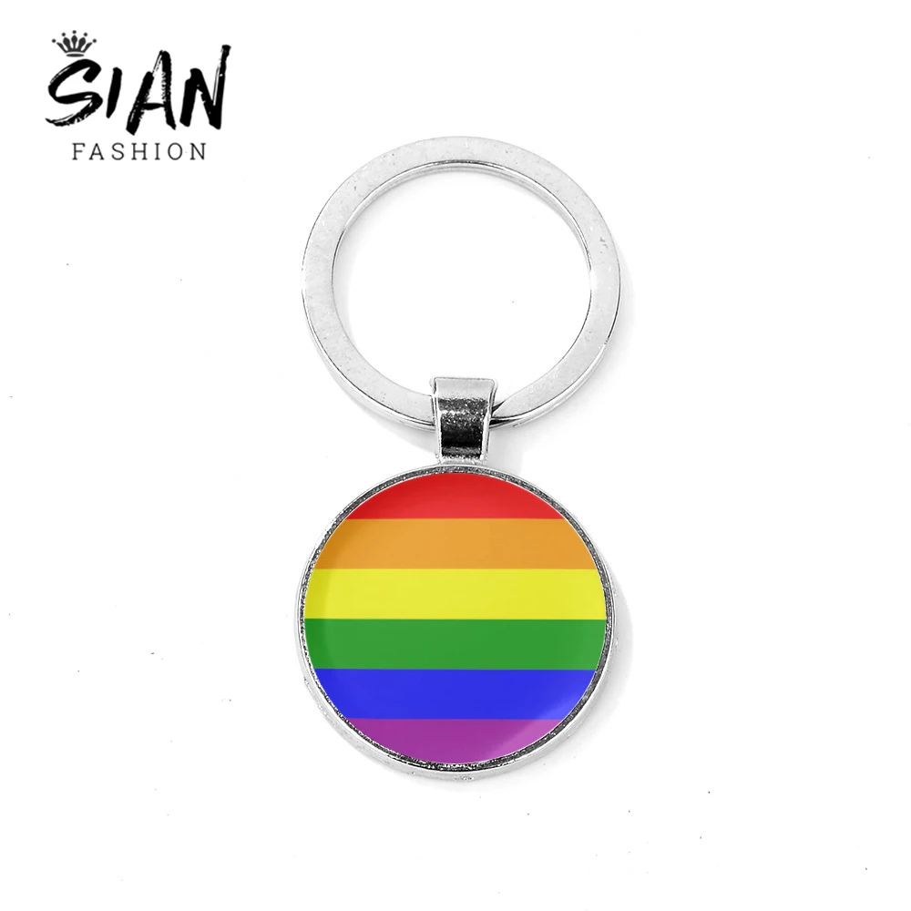 

SIAN 2019 New LGBT Rainbow Flag Keychain Lesbian Gay Pride Parade Key Chain High Quality Handmade Glass Cabochon Key Ring Holder