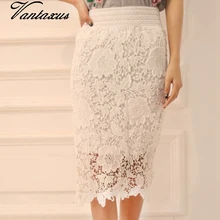 Большой размер XXL юбка размера XXXL Женская кружевная юбка с высокой талией винтажная юбка с цветочным рисунком длиной до колена Юбки-карандаш высокое качество белого цвета