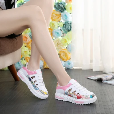 SWYIVY/женские босоножки; белая обувь; кроссовки; сезон лето; коллекция года; женская повседневная обувь; дышащая обувь на шнуровке; женские босоножки с цветочным узором; размер 40 - Цвет: pink flower
