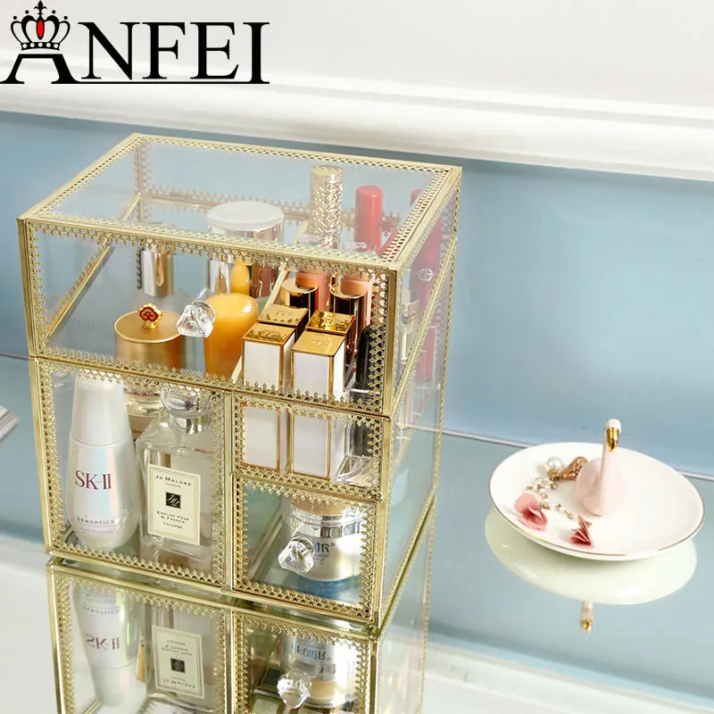 

New Style Drawer Style Multer-layer Glass Clear Makeup Pearls Cosmetic Storage Brushes Box Case Stand Rack Drawer Storage Box