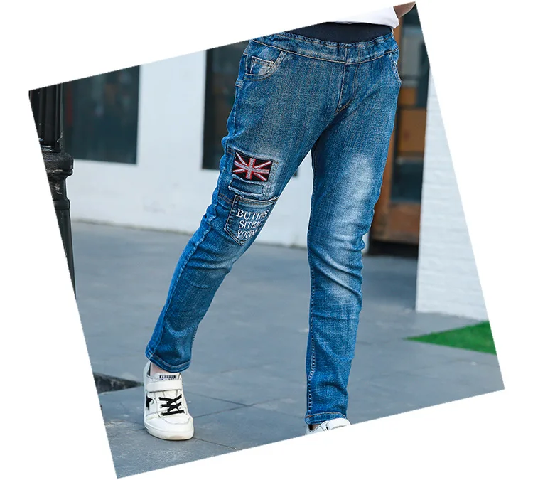 4 Baby Boys Jeans Denim Pants Kids Trousers Teens Applique Letters Embroidered Solid Spring Casual Elastic Waist Children Clothing