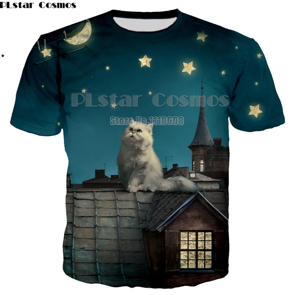 Plstar Cosmos Lucu Kartun Kucing T Shirt Wanita Pria Sastra Dan