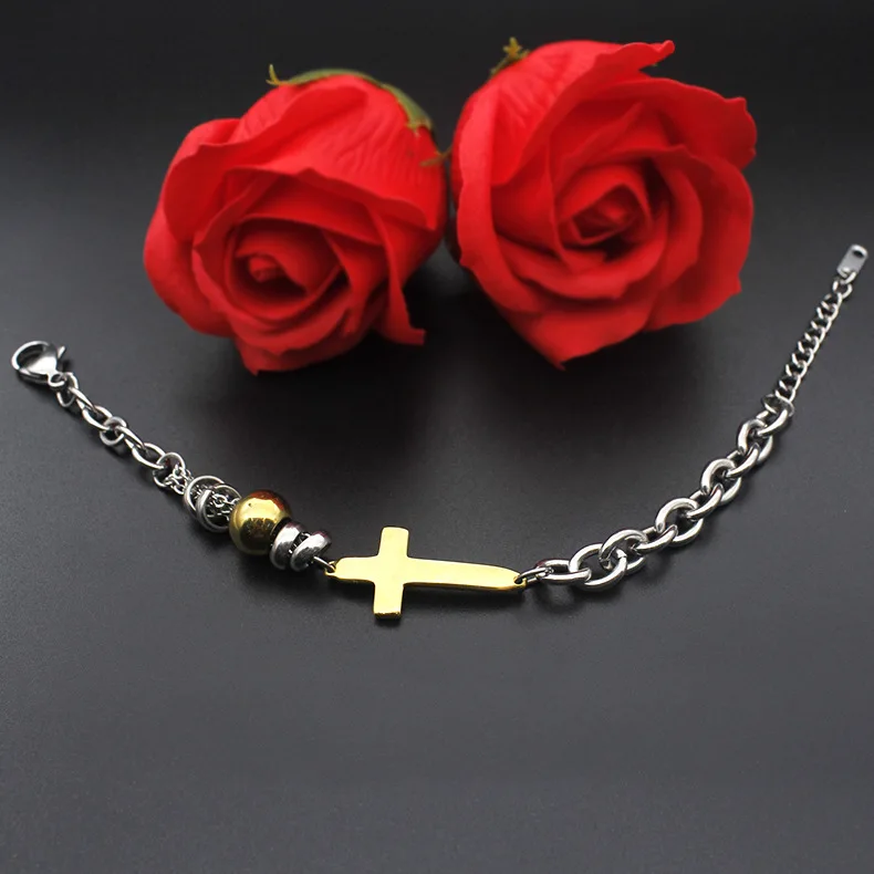Stainless Steel Bracelet Cross men's bracelet Gold Color Beads Bracelet for Women couple bracelets Fashion Jewelry Drop Shipping Stainless Steel Bracelet Cross men's bracelet Gold Color Beads Bracelet for Women couple bracelets Fashion Jewelry Drop Shipping