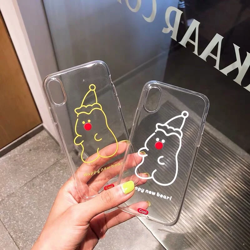

Korea INS simple line red nose happy new bear phone case For iphone Xs MAX XR X 6 6s 7 8 plus couple clear soft TPU back Cover