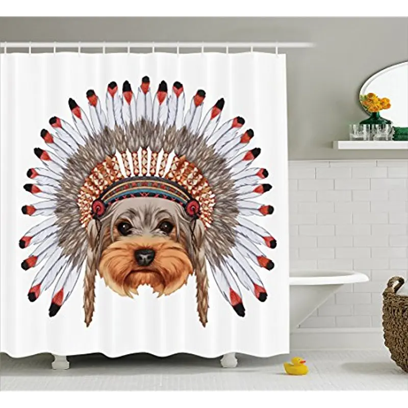 

Vixm Yorkie Shower Curtain Yorkshire Terrier in Bonnet Ethnic Culture Hand Drawn Cute Dog Canine Fabric Bath Curtains