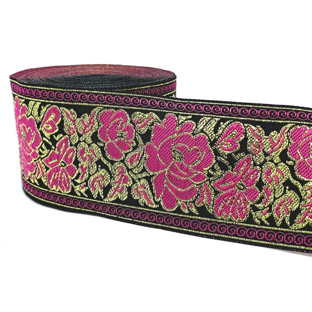 

ZERZEEMOOY 2 inch 50MM 9YARD Woven Jacquard Ribbon Gold Wire And Pink Rose Handmade Accessories MZZD19060406