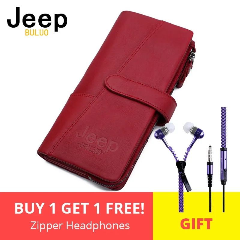 

JEEP BULUO Brand Women Wallets Genuine Leather Zipper Coin Purse Fashion Long Red Wallet Large Capacity Clutch Bag Lady Rfid