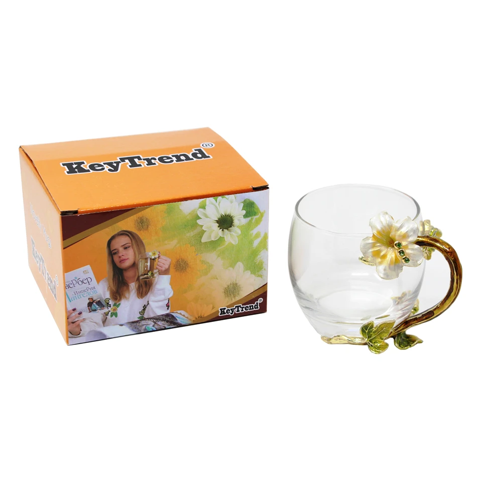 

KEYTREND Enamel Mug Glass Cups Enamel Painting Flower Metal Handle AECL106