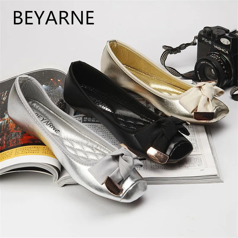 

BEYARNE 2018 women's bow flat shoes square shallow mouth toe flat heel boat shoes ladle shoes single shoes