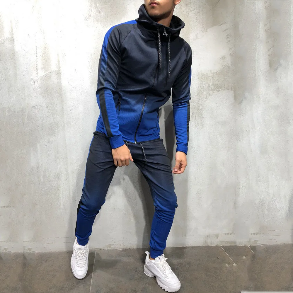 Gradient Set Men Two Piece Outfits Zipper Track Jacket Sweatpants Mens Sports Suits Casual Pants Sweatshirt Sweatsuit Tracksuits - Цвет: blue