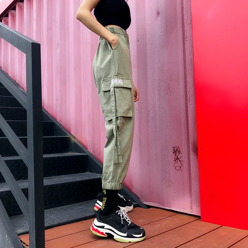 Брюки женские хлопковые брюки карго длинные брюки хип-хоп Harajuku женские с высокой талией корейский стиль Универсальные карманы женский