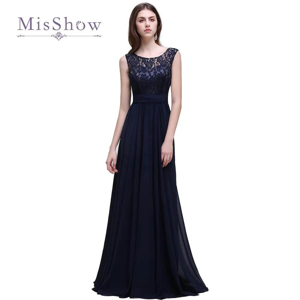 Cheap Navy Blue Lace Sleeveless Long Bridesmaid Dresses 2017 Elegant A