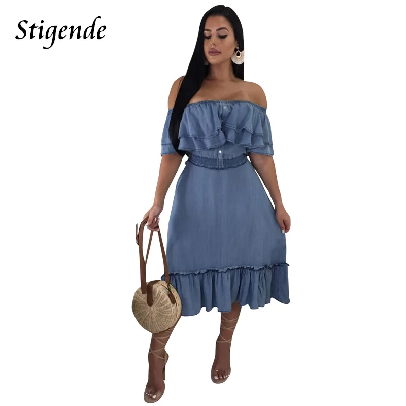 

Stigende Sexy Denim Dress Jeans Women Short Sleeve Off Shoulder Dress Ladies Elegant Casual Summer Slash Neck Ruffle Midi Dress