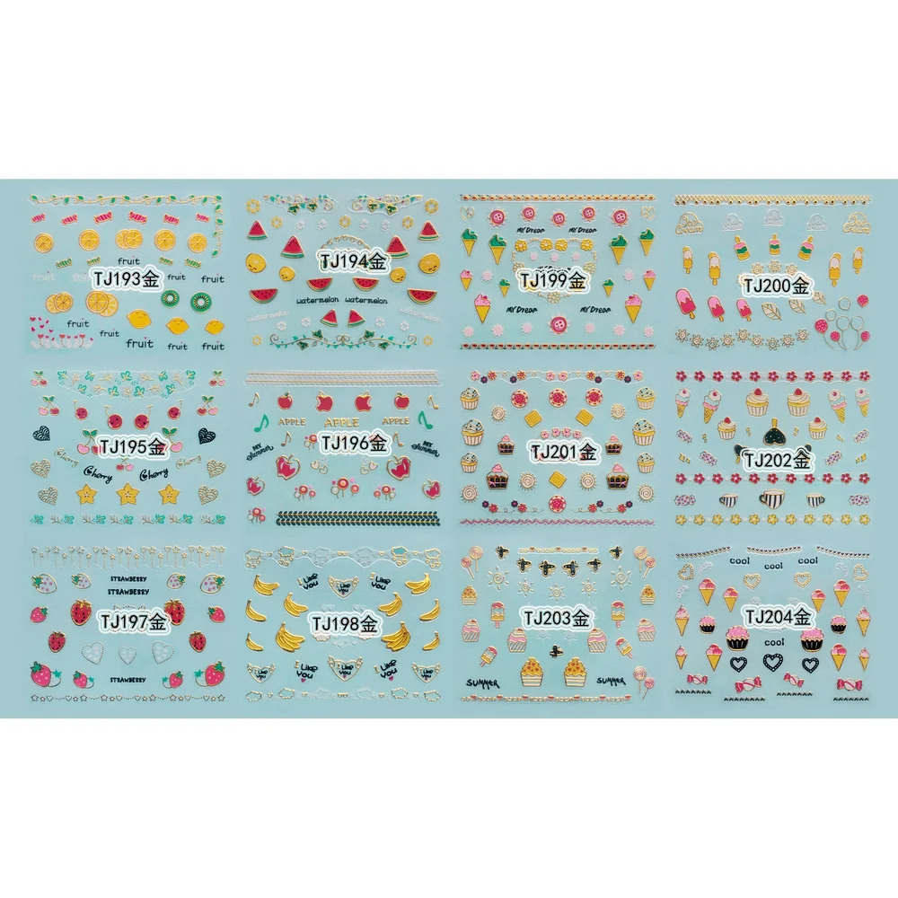 12 листов/Лот Золотой и серебристый INAID 3D металлическая наклейка для ногтей самоклеющаяся наклейка фруктовый десерт мороженое торт TJ193-204