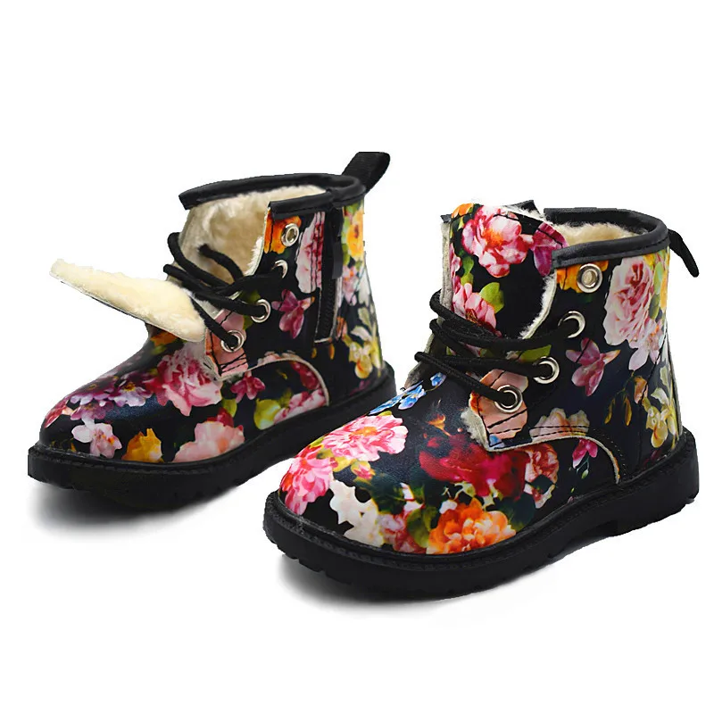 Зимние сапоги для девочек, плюшевые детские милые зимние сапоги с цветочным рисунком для девочек, теплая обувь из искусственной кожи