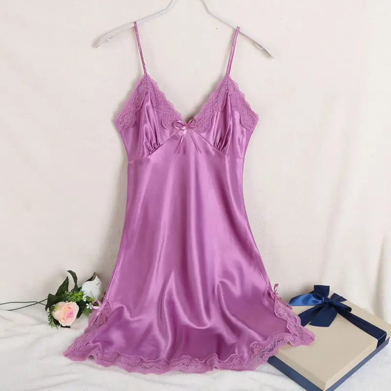 Женская сексуальная шелковая ночная рубашка, атласная ночная рубашка с v-образным вырезом, летние ночные рубашки, кружевное ночное белье для женщин - Цвет: Light Purple