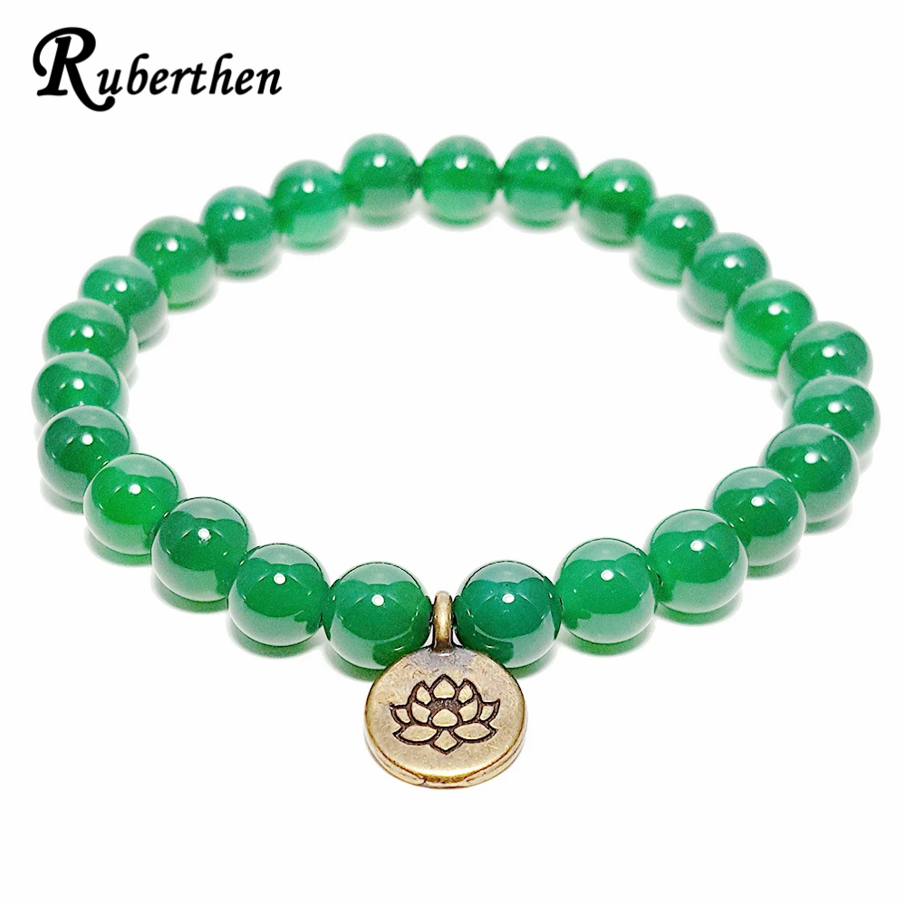 

Lubean Trendy Handmade Beaded Bracelet Dark Green Aventurine Beads Jewelry Antique Brass Lotus Flower Charm Gift Free Shipping