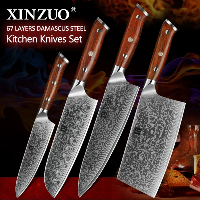  XINZUO 4PCS Kitchen Knife Set VG10 Damascus Steel Big Cleaver Chef Knives Stainless Steel Santoku B - 32793522383